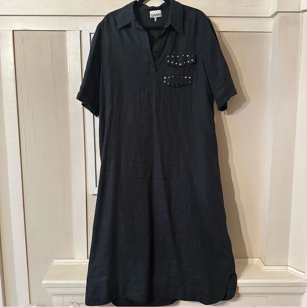 Ganni Black Linen Midi Dress